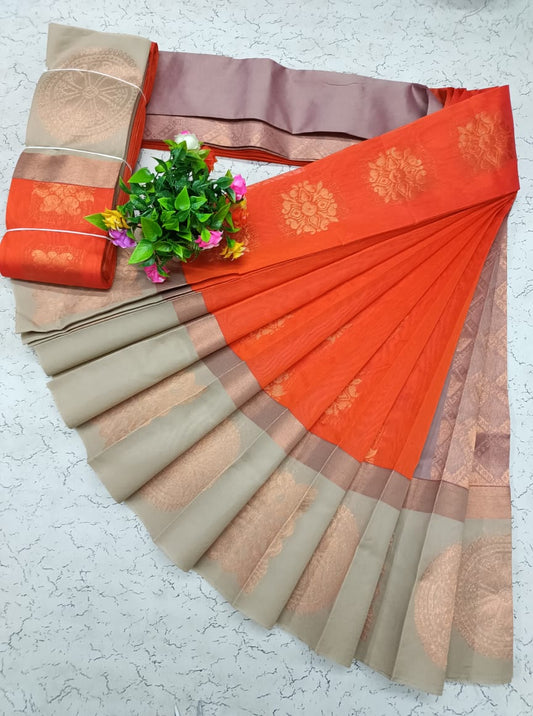 Orange and Sandal Uppada Kotanji Border Silk Cotton Saree