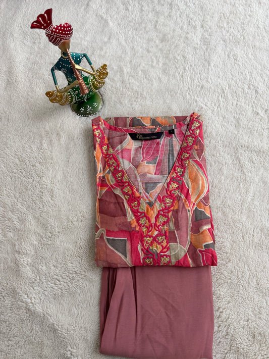 Multicolor and Peach V Neck 2-Piece Chudidar Set