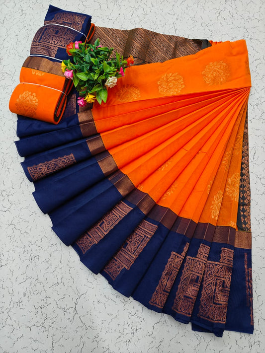 Orange and Dark Blue Uppada Kotanji Border Silk Cotton Saree