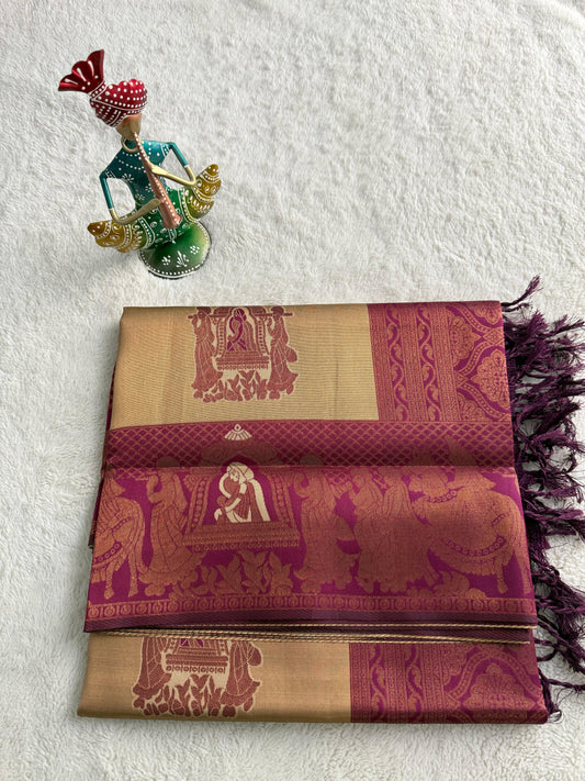 Sandal and Maroon Pallaku Design Kubera Soft Silk Saree