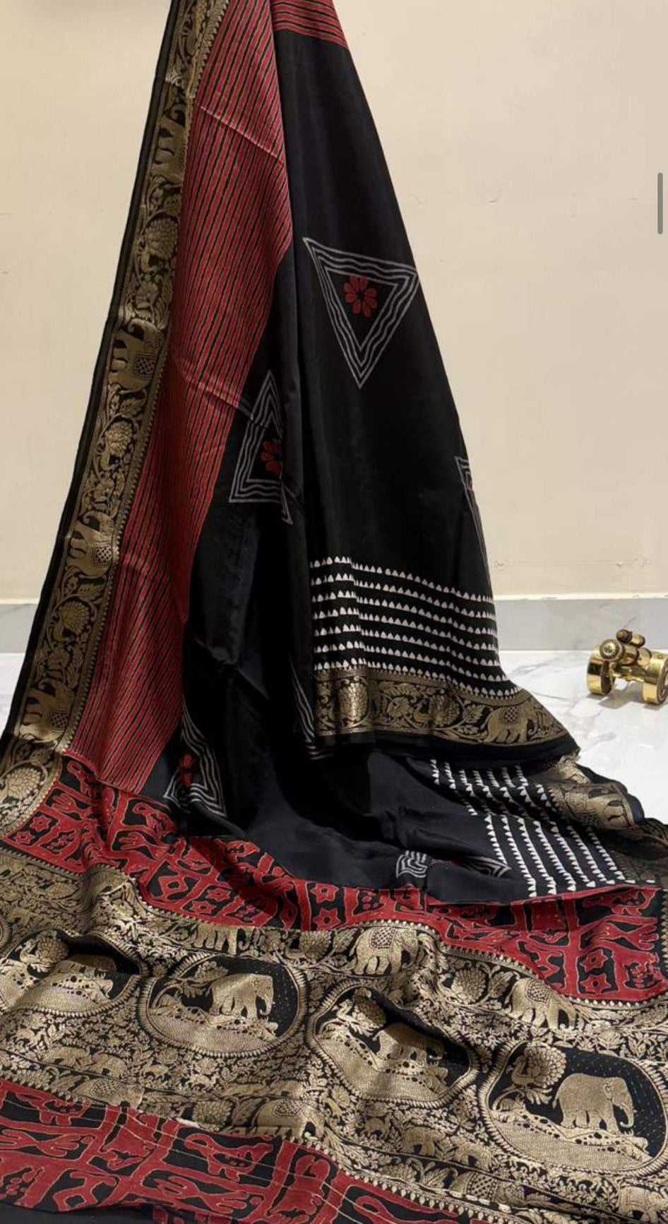 Maroon and Black Ajrakh Print Pure Dola Gajji Silk Saree