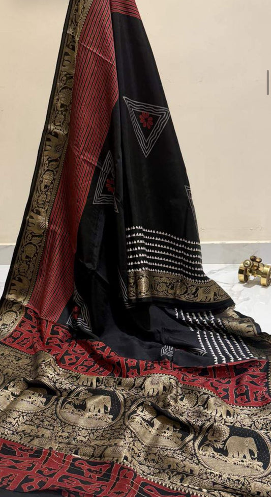Maroon and Black Ajrakh Print Pure Dola Gajji Silk Saree