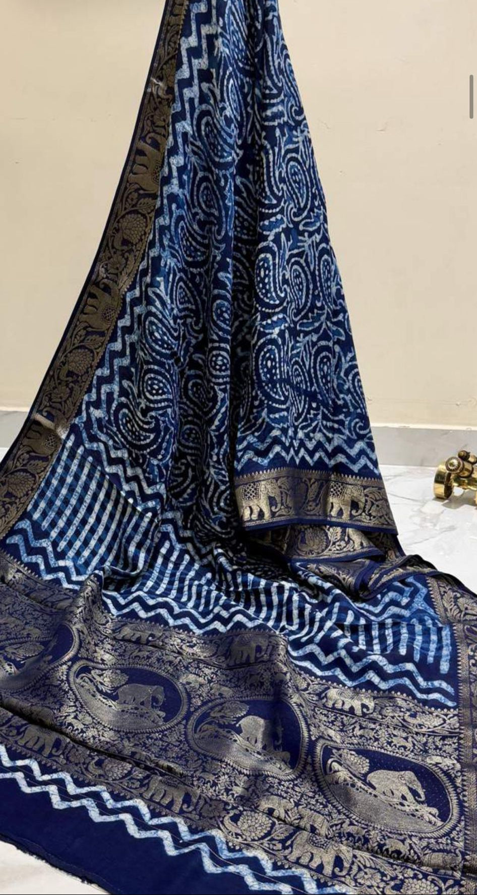 Dark Blue Ajrakh Print Pure Dola Gajji Silk Saree