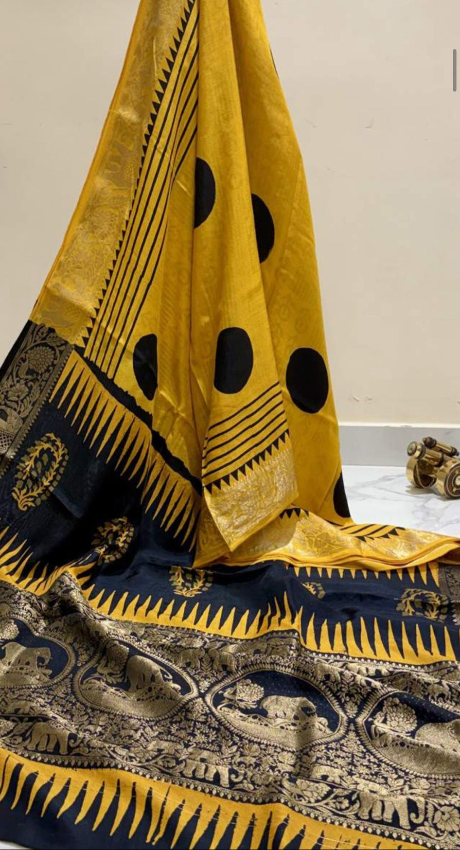 Yellow with Black Dots Ajrakh Print Pure Dola Gajji Silk Saree