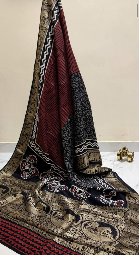 Maroon and Black Ajrakh Print Pure Dola Gajji Silk Saree
