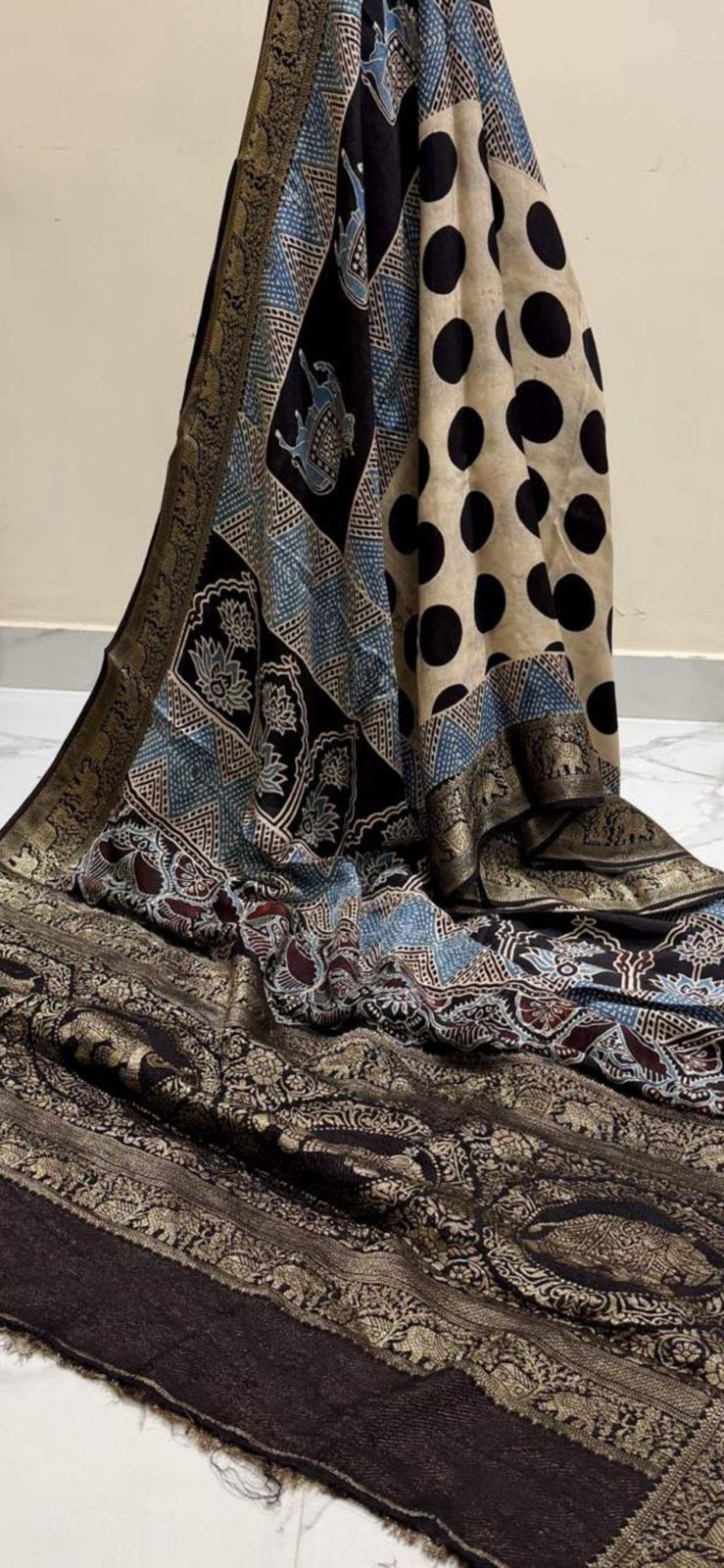 Black Dots Ajrakh Print Pure Dola Gajji Silk Saree