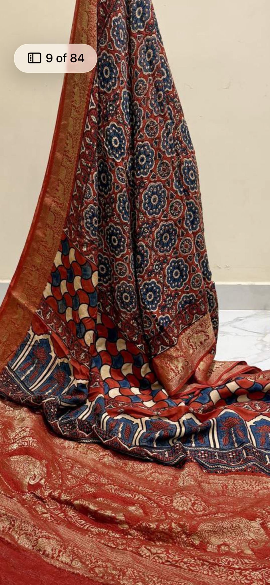 Red and Blue Flower Pattern Ajrakh Print Pure Modal Silk Saree