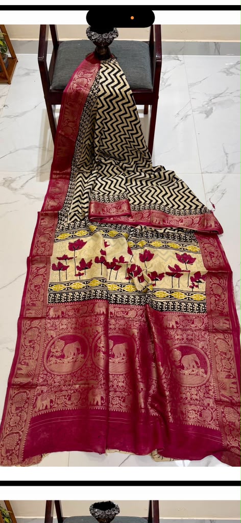 Black and Red Ajrakh Print Pure Dola Silk Saree with Zari Border