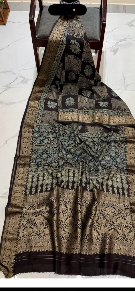 Black Ajrakh Print Pure Dola Silk Saree with Zari Border