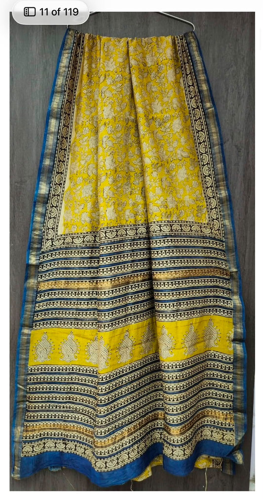 Yellow and Blue Maheshwari Silk Saree