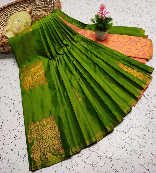 Parrot Green and Pink Fancy Soft Silk Saree