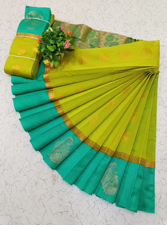 Green and Dark Pista Uppada Kotanji Border Silk Cotton Saree