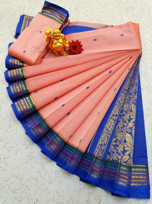Peach and Blue Kotanji Border Silk Cotton Saree