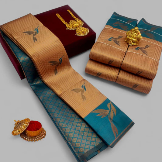 Peach and Teal Kubera Soft Silk Saree