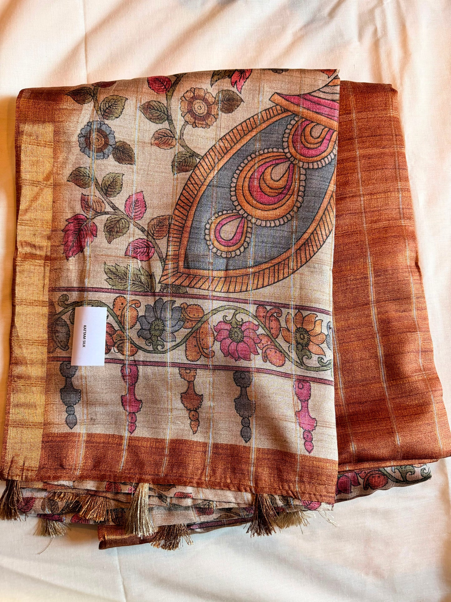 Peach Kattam Kalamkari Silk Cotton Saree