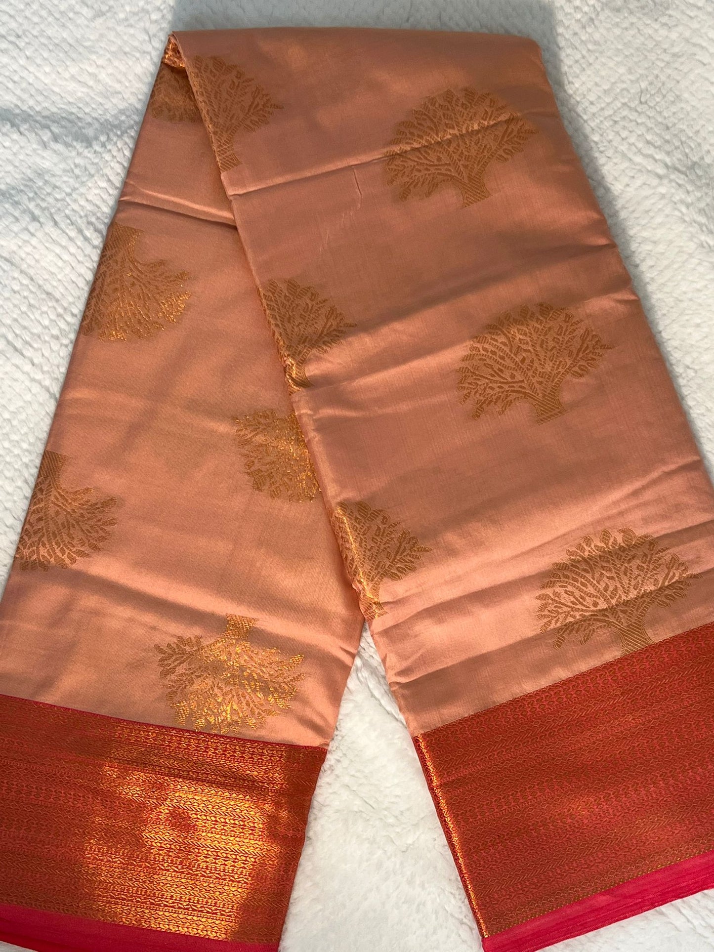 Peach and Red Butter Silk Saree