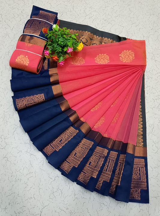 Pink and Blue Uppada Kotanji Border Silk Cotton Saree