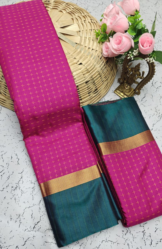 Pink and Green Checked Pattern Arani Soft Silk Saree