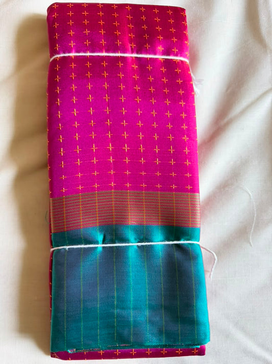 Pink and Green Checked Pattern Semi Soft Silk Saree