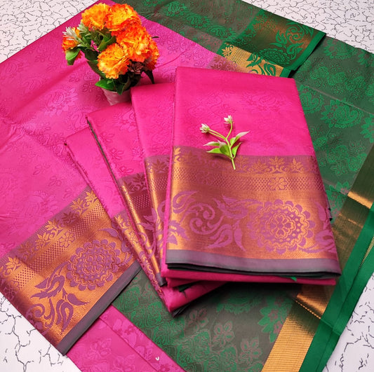 Pink and Green Embossed Soft Silk Saree