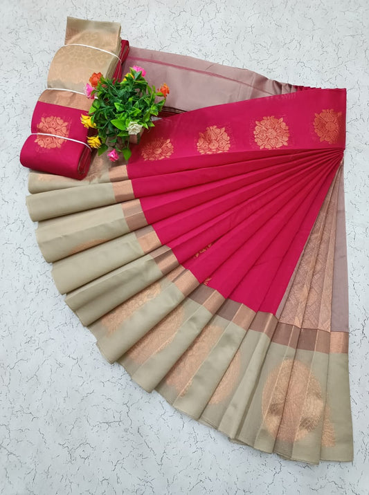 Pink and Sandal Uppada Kotanji Border Silk Cotton Saree