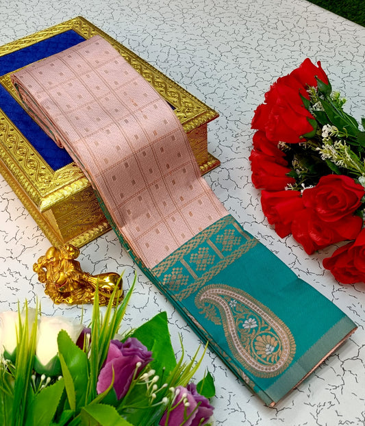 Pink and Teal Kubera Soft Silk Saree