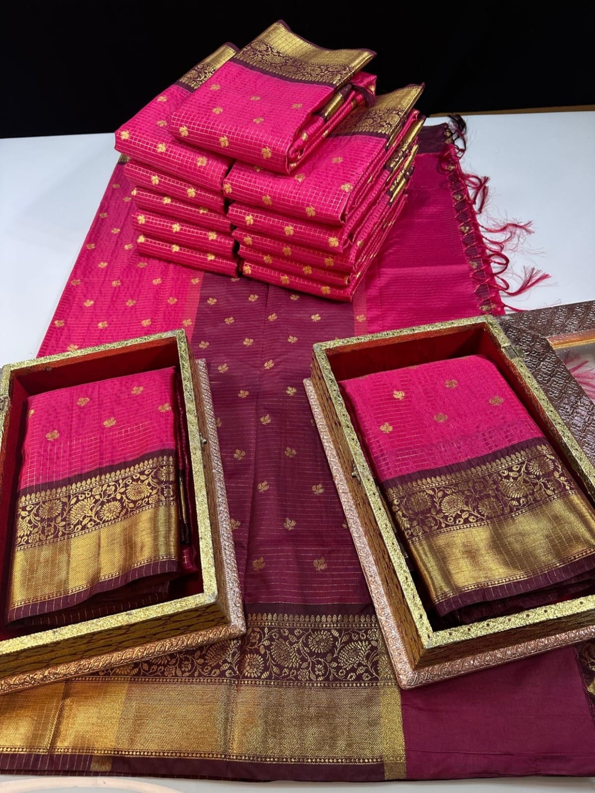 Pink and Wine Checked Tissue Silk Saree