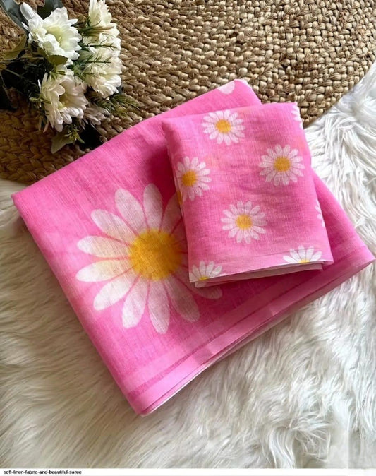Pink Floral Print Linen Saree