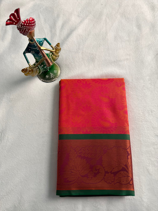 Pinkish Red and Green Traditional Gift Saree