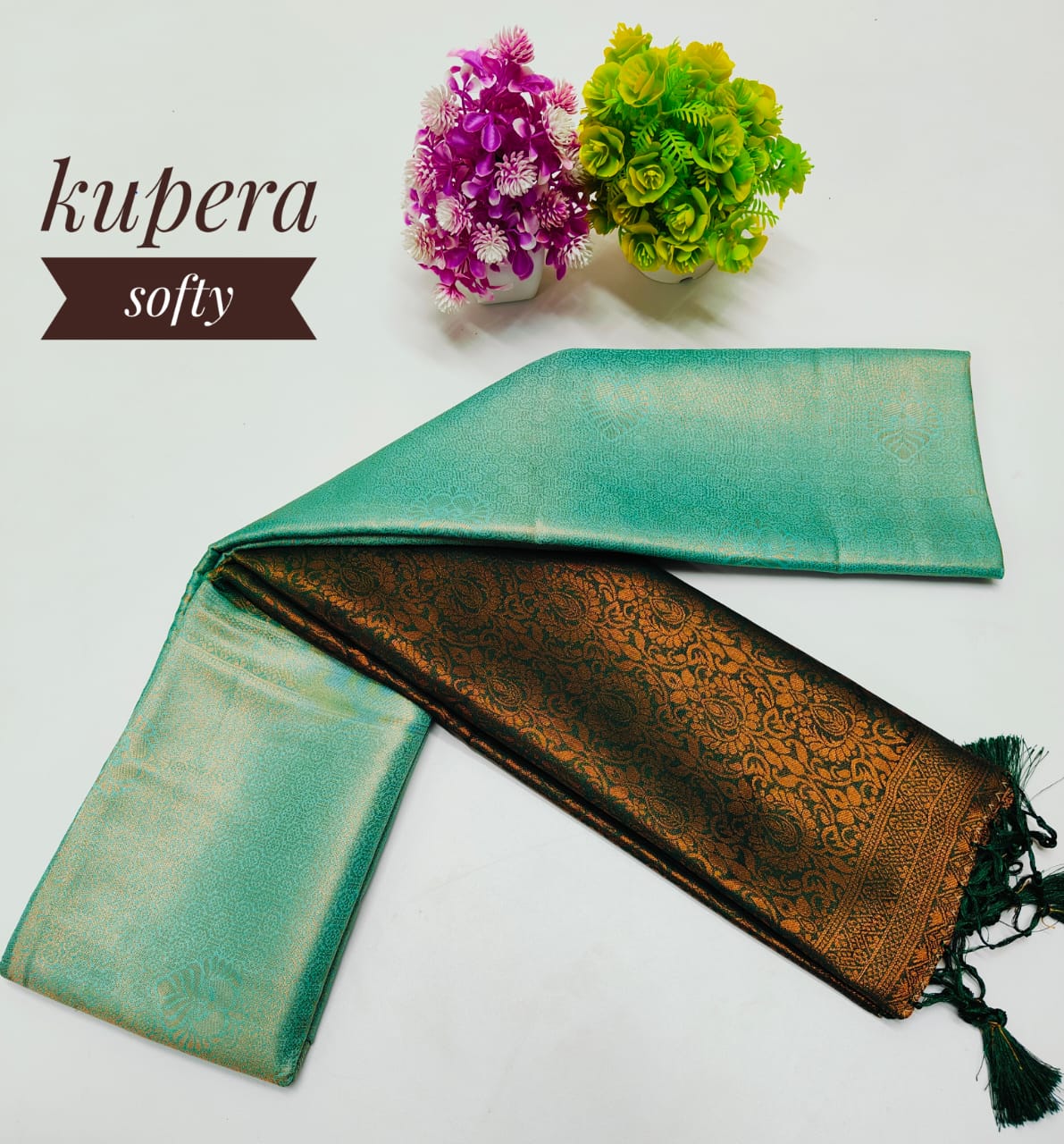 Green and Green Dual Tone Copper Softy Silk Saree