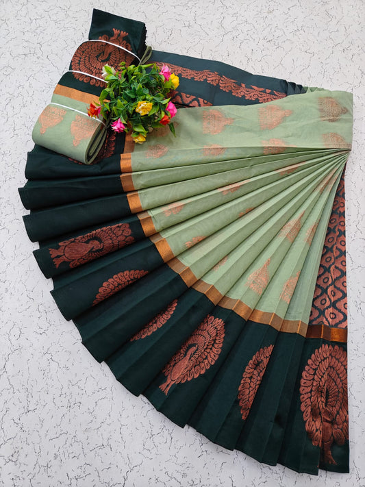 Pale Pista and Dark Green Uppada Kotanji Border Silk Cotton Saree