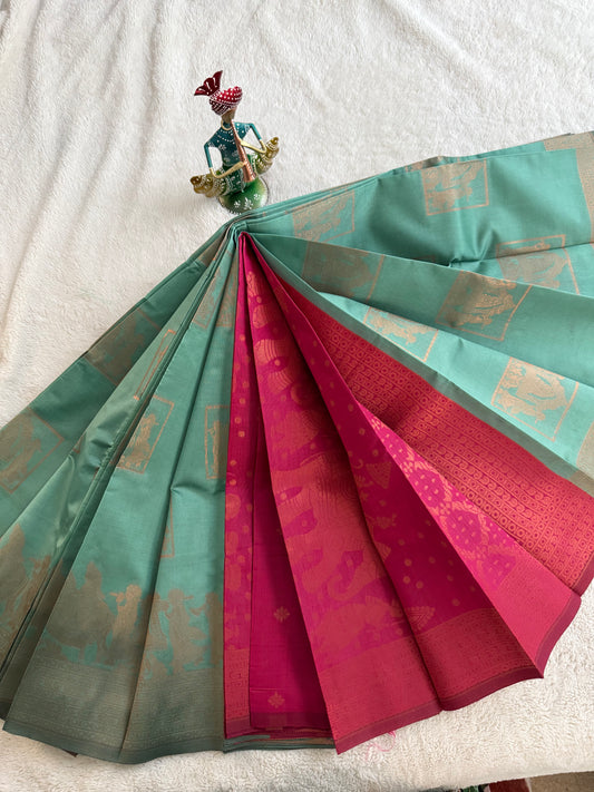 Pista Green and Pink Pallaku Design Soft Silk Saree