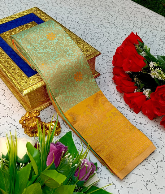 Pista Green and Yellow Kubera Soft Silk Saree