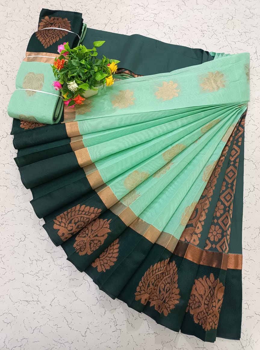 Pista and Dark Green Uppada Kotanji Border Silk Cotton Saree