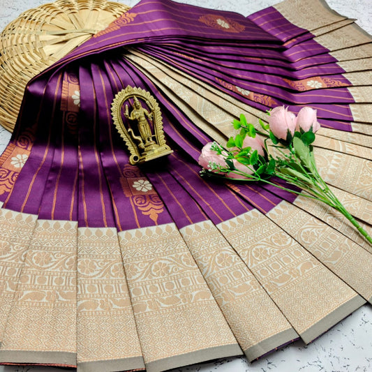Purple and Grey Kubera Soft Silk Saree