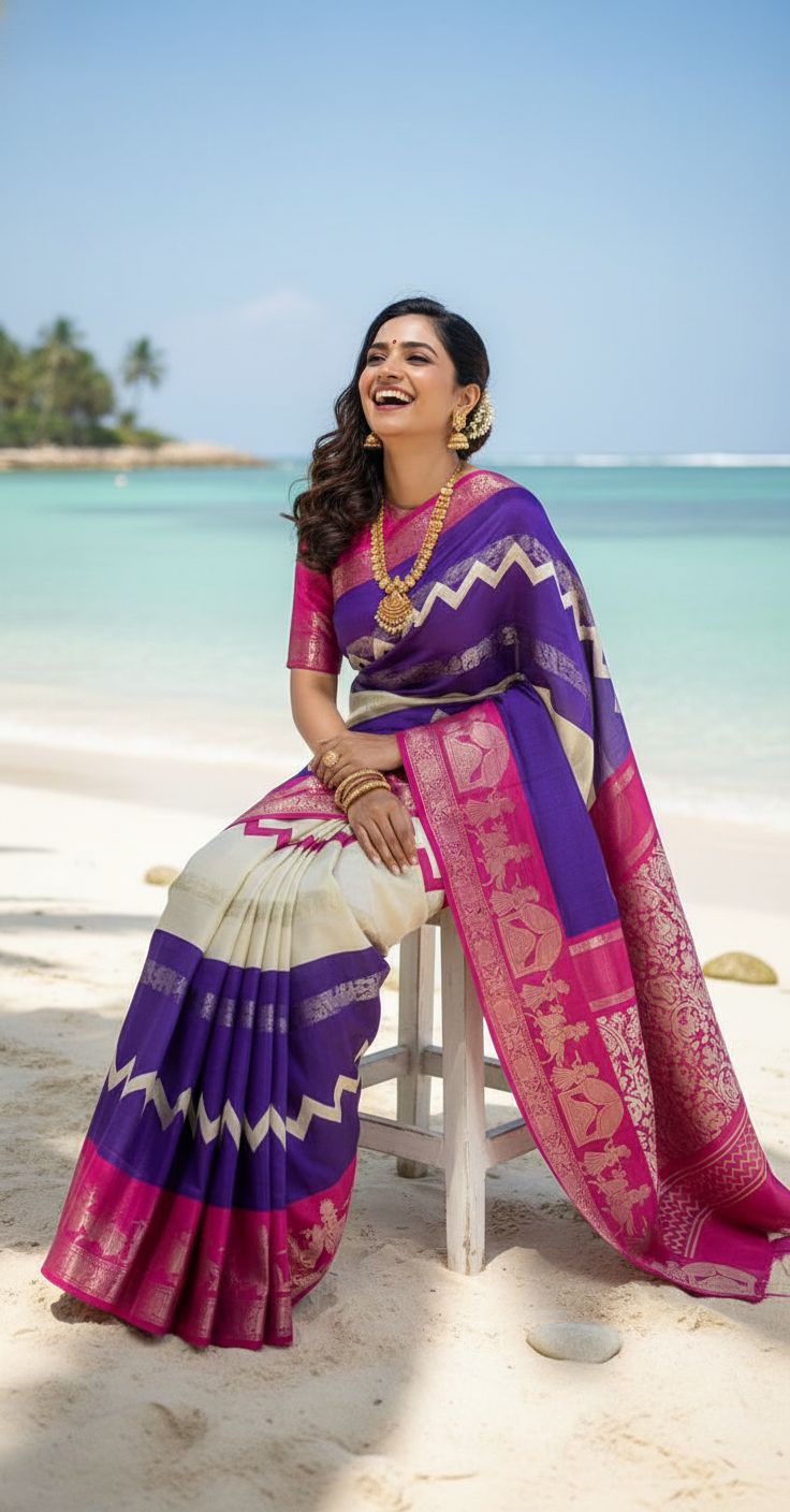 Purple and Pink Mubbagam Soft Silk Saree
