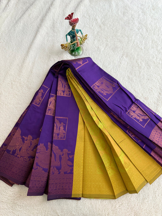 Purple and Yellow Pallaku Design Soft Silk Saree