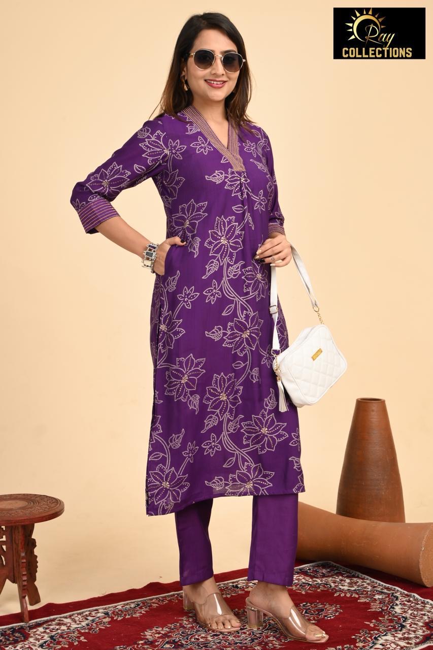 Purple V Neck 2-Piece Chudidar Set
