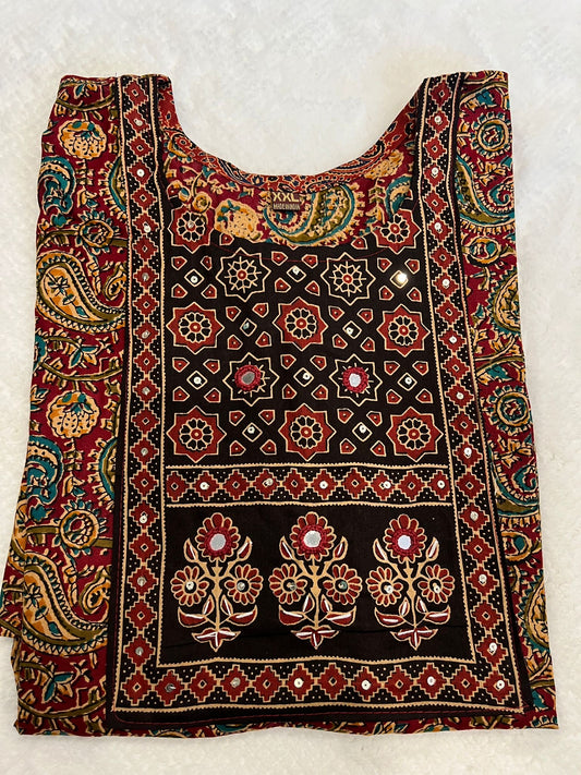 Red Floral Mirror Work Short Kurti