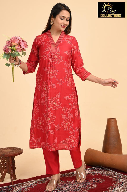 Red V Neck 2-Piece Chudidar Set