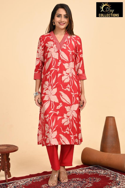 Red Floral V Neck 2-Piece Chudidar Set
