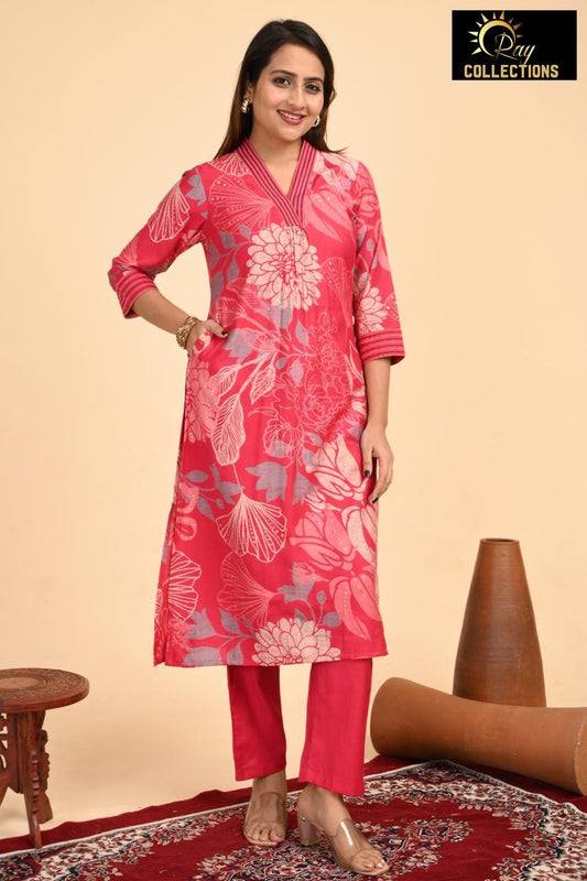Reddish Pink V Neck 2-Piece Chudidar Set