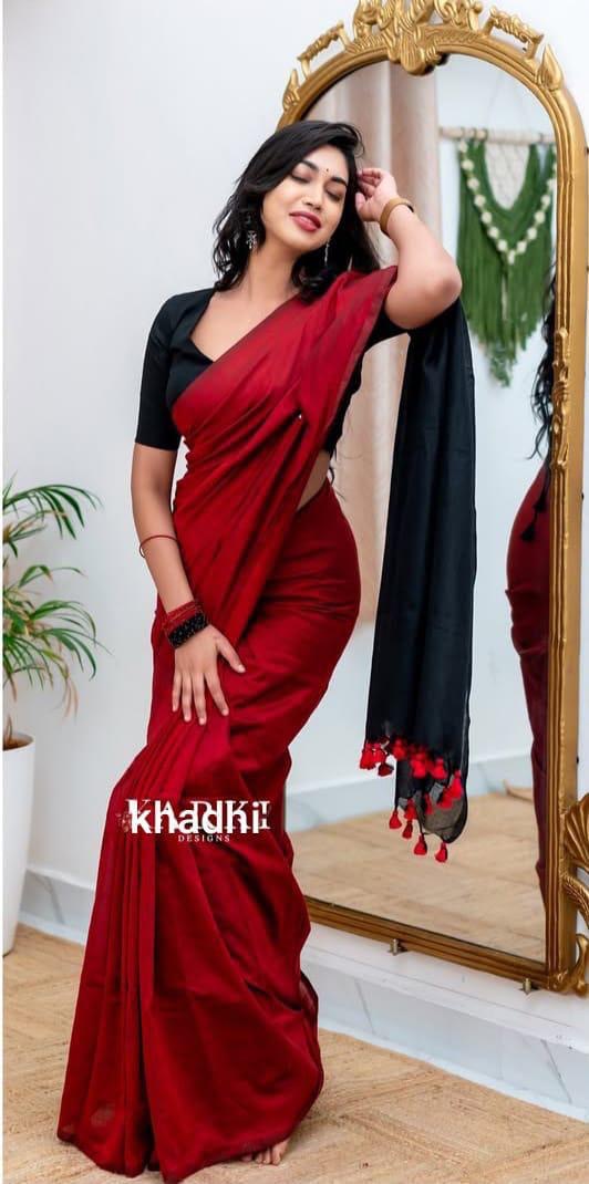 Maroon with Black Dual Tone Khadi Cotton Saree