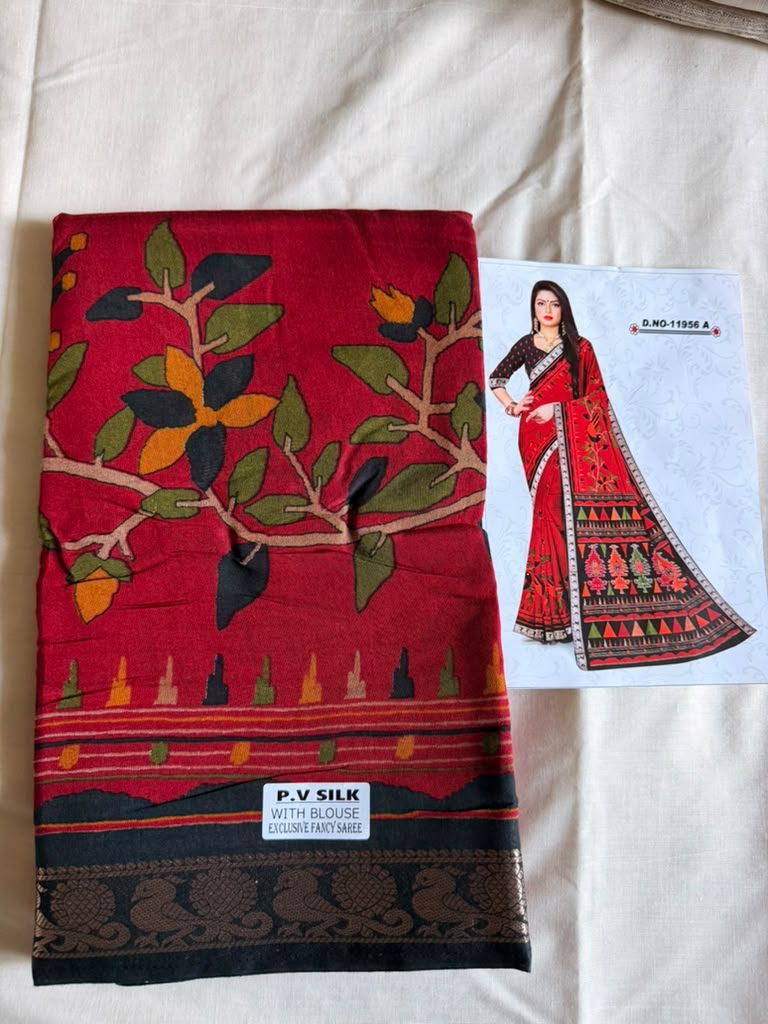 Red and Black P.V Fancy Silk Saree