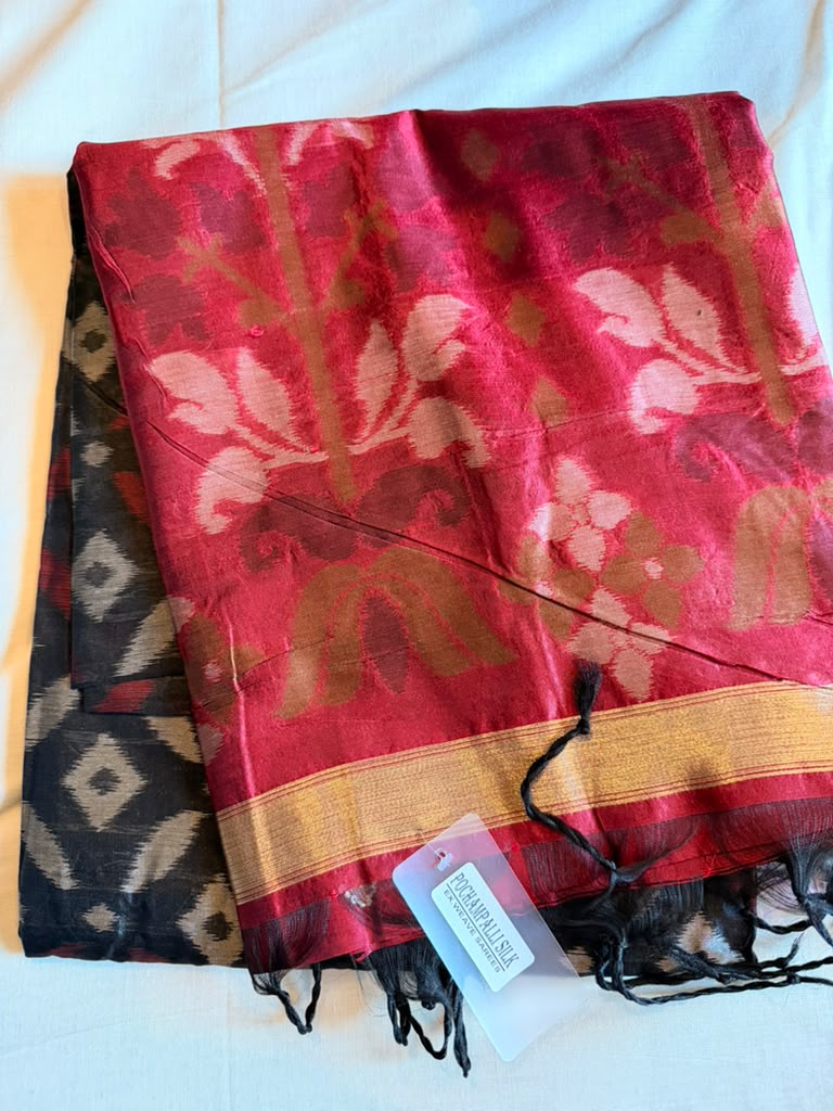 Black and Red Cotton Banarasi Pochampally Saree