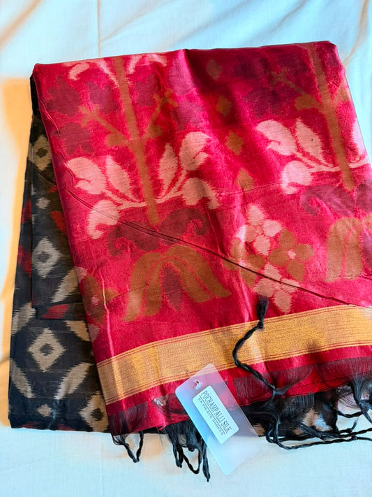 Black and Red Cotton Banarasi Pochampally Saree