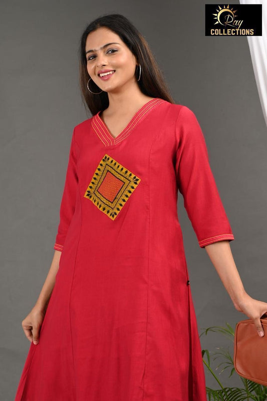 Red Diamond Pattern V Neck 2-Piece Chudidar Set