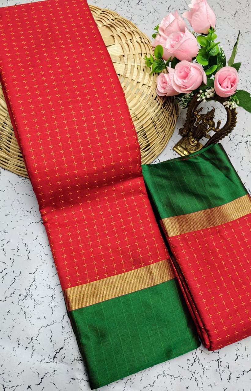 Red and Green Checked Pattern Arani Soft Silk Saree