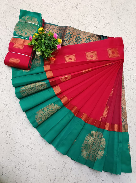 Red and Green Uppada Kotanji Border Silk Cotton Saree