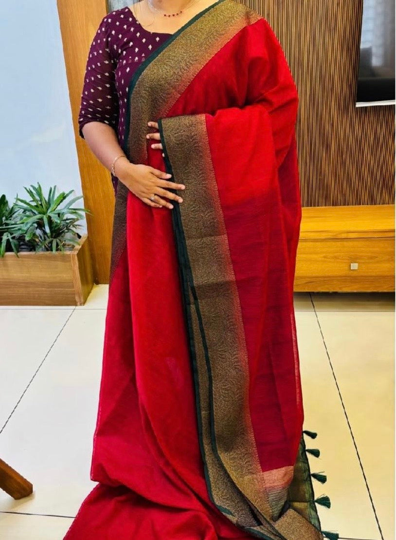 Red and Green Semi Jute Silk Saree